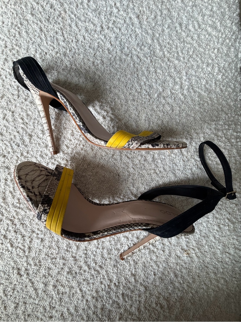 Aldo Yellow Accent Snakeskin & Black Ankle Strap Heels